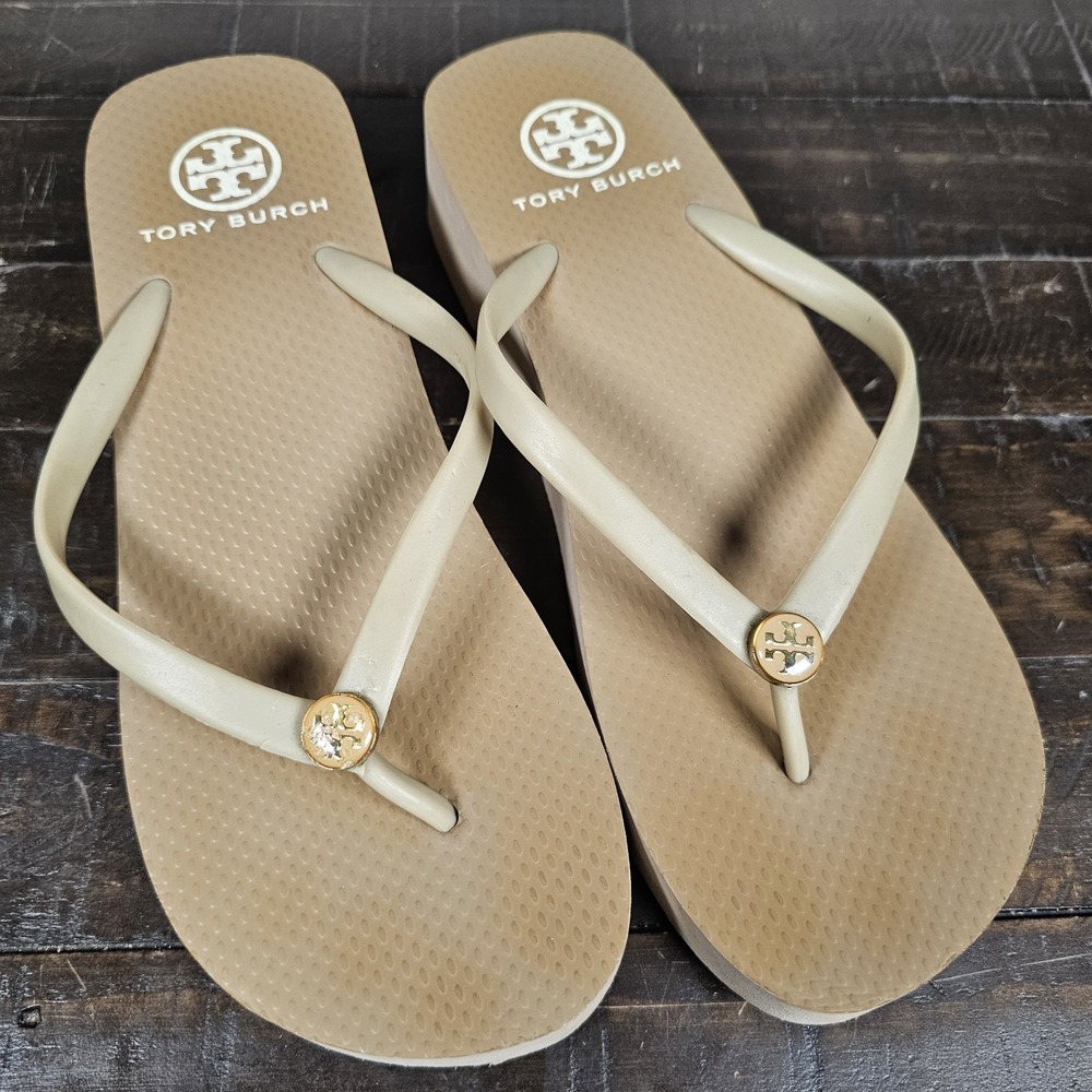Tory Burch Gold Sandals with Iconic Logo and Textured Footbed